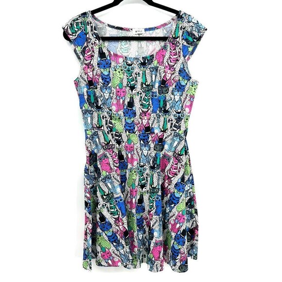 AYLI Pink Blue Novelty Cat Print Cap Sleeve Lightweight Mini Dress Size Medium - Picture 1 of 6